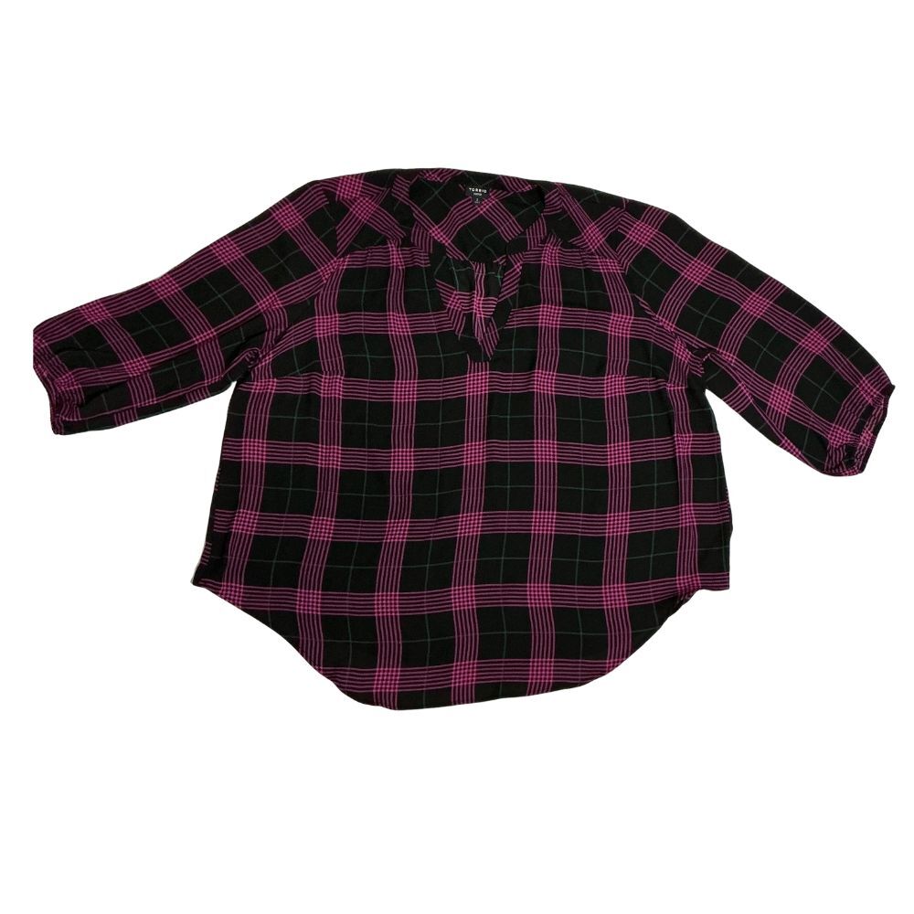 Torrid Harper Blouse Womens Size 2X Black Pink Plaid Sheer V-Neck Office Casual